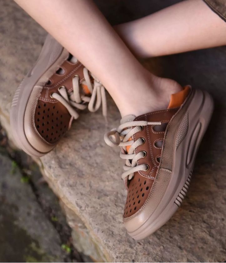 Rounded-Toe Platform Leather Slip-on Sandals For Women
