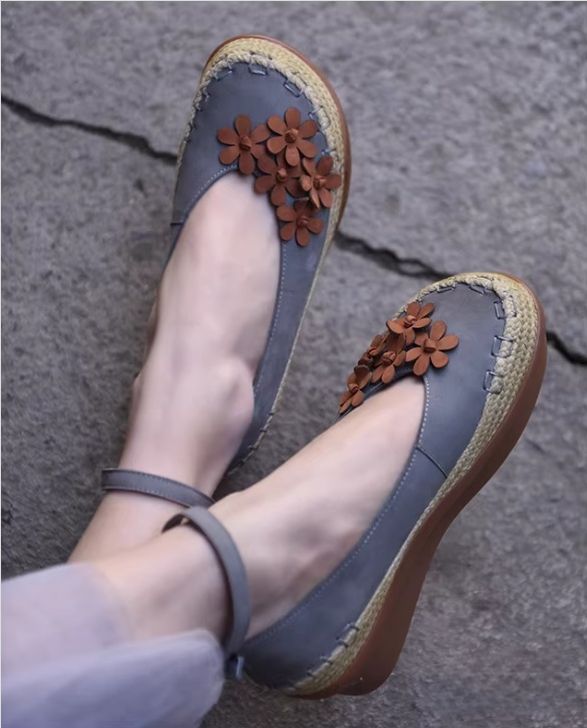Vintage Women's Shoes Flower Leather Low-Heeled Women's Waterproof Platform Thick-soled Slip-on Shoes