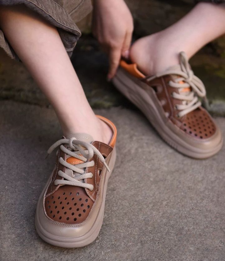 Rounded-Toe Platform Leather Slip-on Sandals For Women