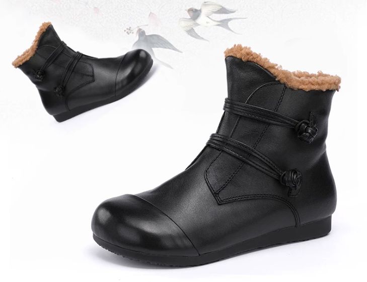 Winter New Style Genuine Leather Women's Boots, Top-grain Cowhide With Fleece Lining,Flat-bottomed Short Boots, Cotton Shoes