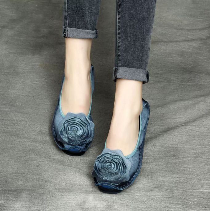 Handmade Vintage Leather Flower Shoes for Women