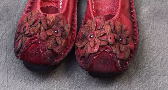 Handmade Vintage Leather Flower Shoes for Women