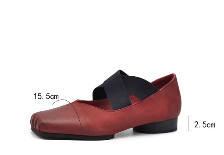 Retro Artistic Ballet Shoes - Leather Square-Toe Single Shoes with Slender Opening and Flat Bottom