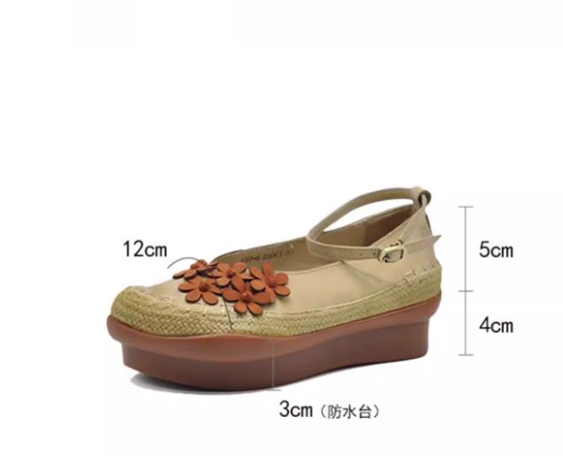Vintage Women's Shoes Flower Leather Low-Heeled Women's Waterproof Platform Thick-soled Slip-on Shoes