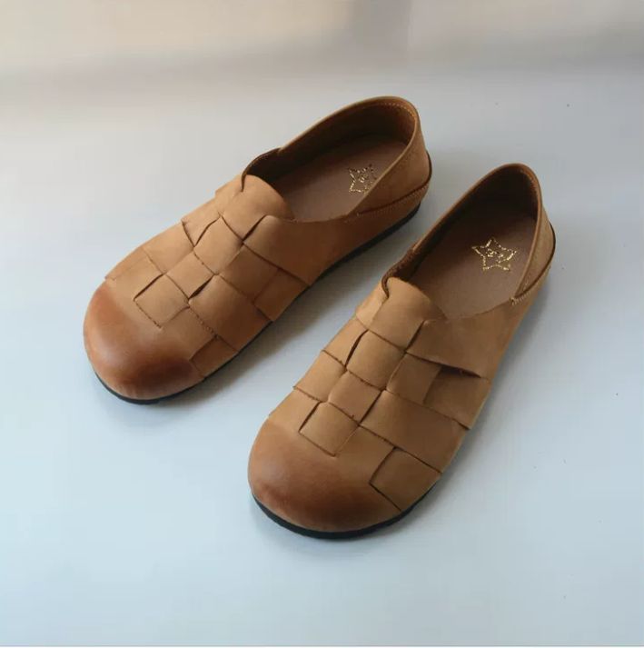 Retro Shoe with Genuine Leather Soft Sole Ankle Strap Woven Style Retro Charm