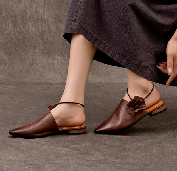 Summer New Style Genuine Leather Casual Pointed-toe Flip-Flops For Women - Comfortable and Versatile, With Flat and Rounded Toe Design