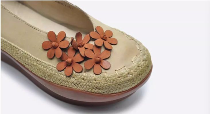Vintage Women's Shoes Flower Leather Low-Heeled Women's Waterproof Platform Thick-soled Slip-on Shoes