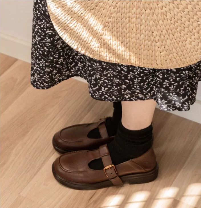Mary Jane shoes Retro College-Style Leather Shoes - Soft Brown Ankle Boots