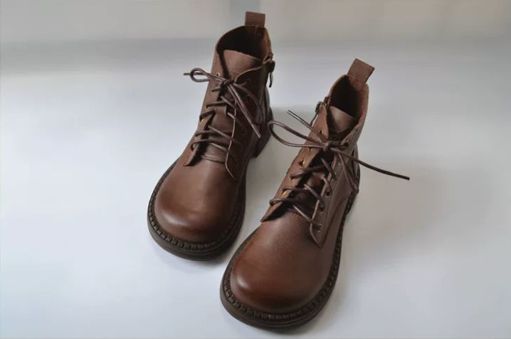 Handmade Leather Shoes for Women Retro Artistic Soft Martin Boots - Genuine Leather - Vintage Colorful Artistic Loose Big-Footed Fat-Toed Short Boots