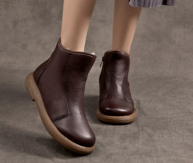 Leather and Fleece-Lined Cotton Boots for Women, Warm Wool Snow Boots with Thick Soles and Anti-slip Rubber Soles, Short Leather Boots