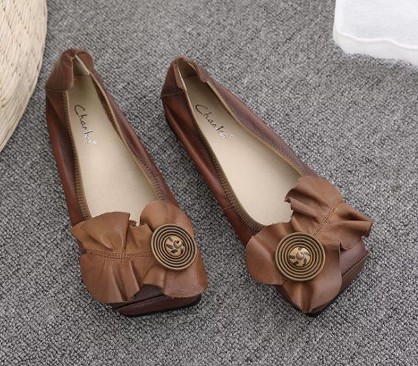 Handmade Leather Flat Shoes for Women Brown