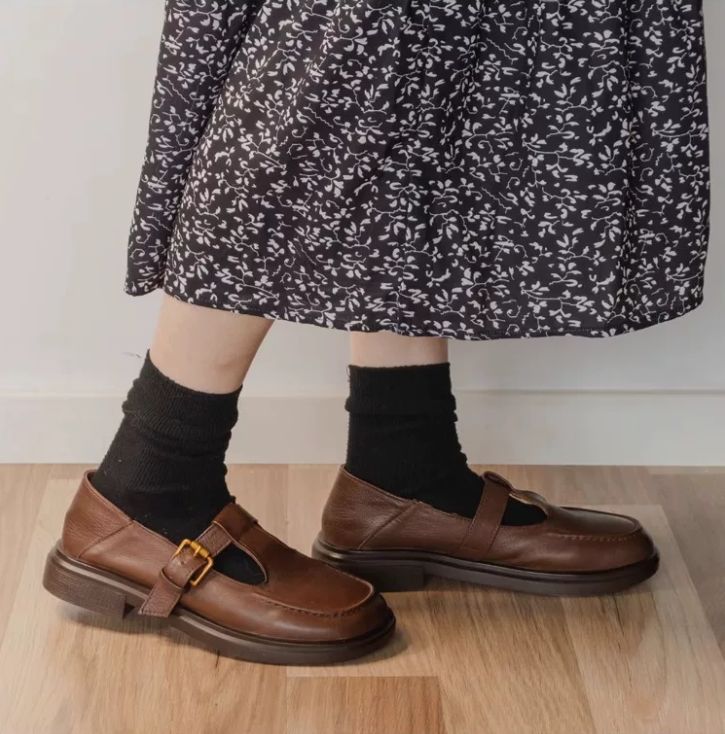 Mary Jane shoes Retro College-Style Leather Shoes - Soft Brown Ankle Boots