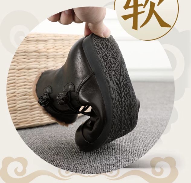 Winter New Style Genuine Leather Women's Boots, Top-grain Cowhide With Fleece Lining,Flat-bottomed Short Boots, Cotton Shoes