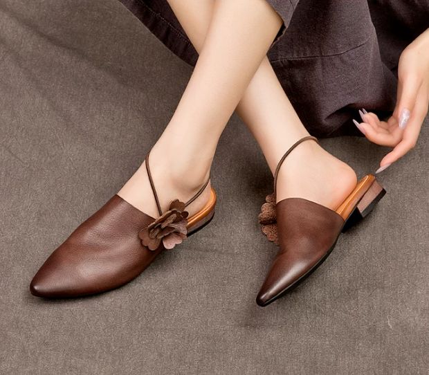 Summer New Style Genuine Leather Casual Pointed-toe Flip-Flops For Women - Comfortable and Versatile, With Flat and Rounded Toe Design