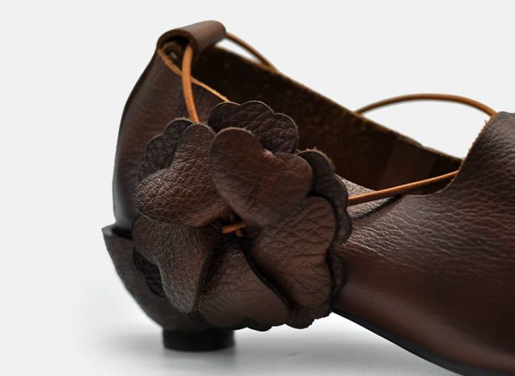 Handmade Leather Flower Shoes for Women in Brown/Black
