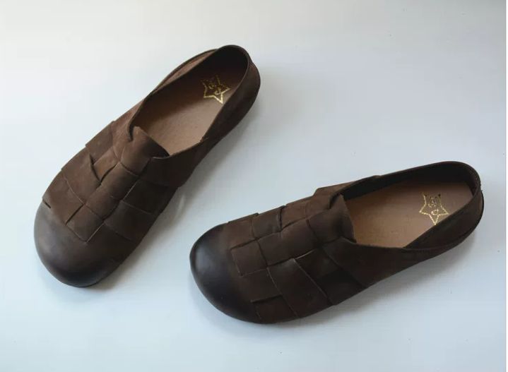 Retro Shoe with Genuine Leather Soft Sole Ankle Strap Woven Style Retro Charm