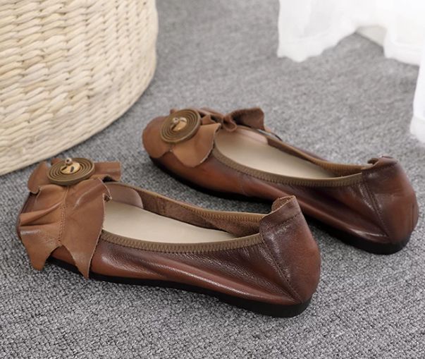 Handmade Leather Flat Shoes for Women Brown