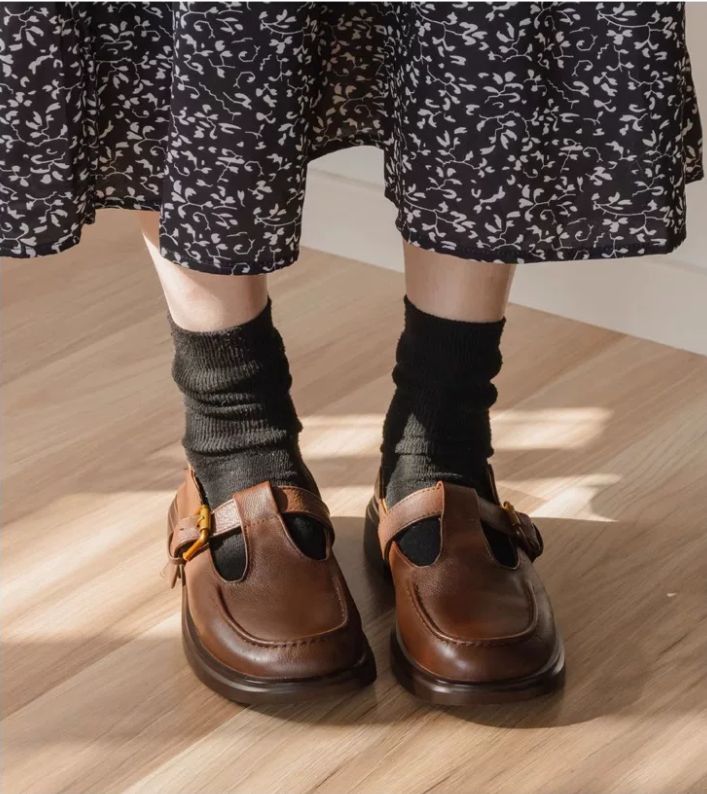 Mary Jane shoes Retro College-Style Leather Shoes - Soft Brown Ankle Boots