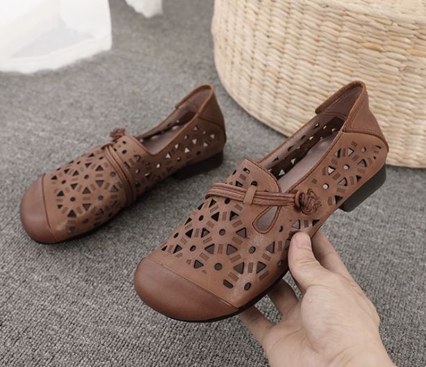 Spring and Summer New Style Genuine Leather Women's Shoes Handmade Retro Hollowed-Out Comfortable and Breathable Hole Shoes Soft Bottom