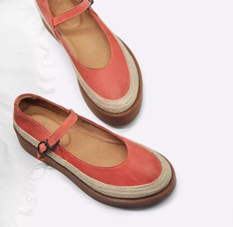 Retro Handmade Shoes Leather Low-Heeled Women's Waterproof Platform Slip-on Shoes with Buckle Thick Sole