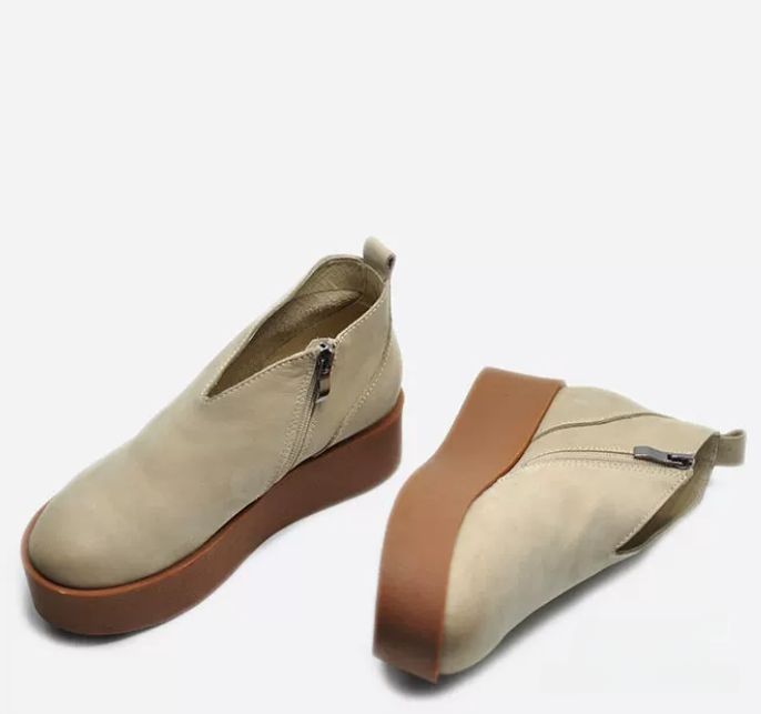 Retro Women's Shoes - New Style Thick-soled Ankle Boots, Women's Waterproof Platform Slip-on Short Boots, Genuine Leather