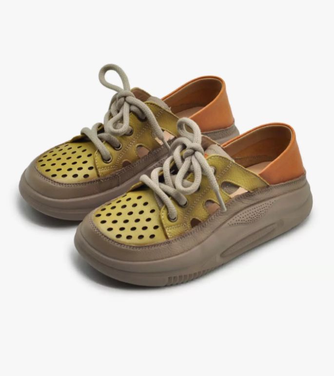 Rounded-Toe Platform Leather Slip-on Sandals For Women