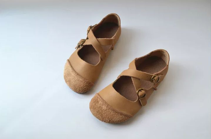 Handmade Cross-buckle Leather Flat Shoes, Retro and Artistic Soft-Soled Shoes Women's Shoes