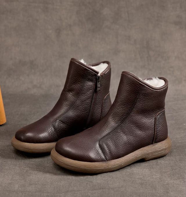 Leather and Fleece-Lined Cotton Boots for Women, Warm Wool Snow Boots with Thick Soles and Anti-slip Rubber Soles, Short Leather Boots