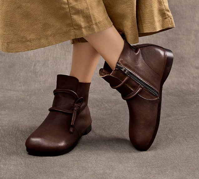 Leather Boots for Women Handmade Retro Shoes Brown
