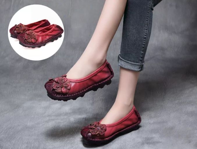 Handmade Vintage Leather Flower Shoes for Women