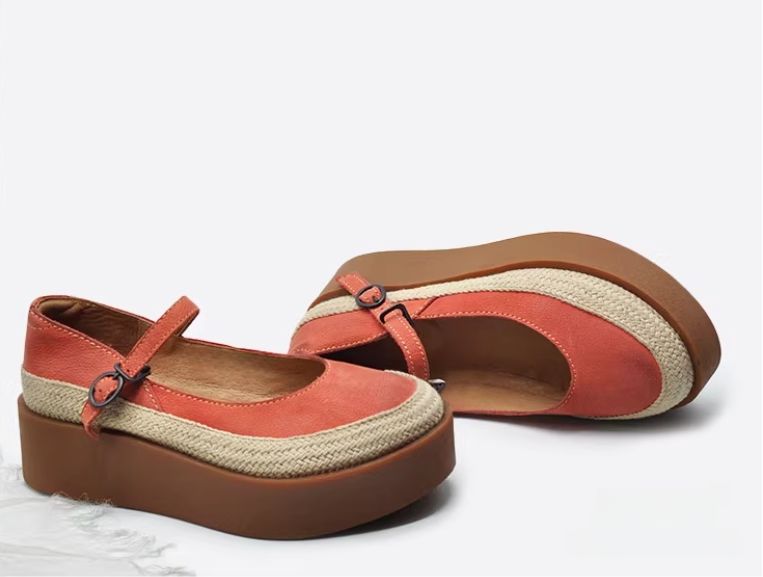 Retro Handmade Shoes Leather Low-Heeled Women's Waterproof Platform Slip-on Shoes with Buckle Thick Sole