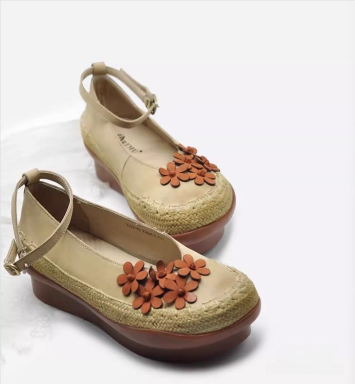 Vintage Women's Shoes Flower Leather Low-Heeled Women's Waterproof Platform Thick-soled Slip-on Shoes