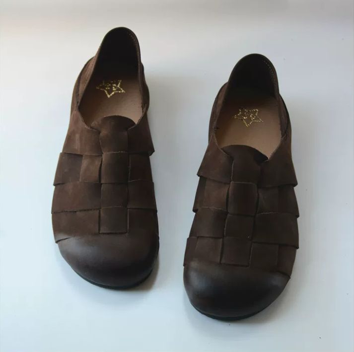 Retro Shoe with Genuine Leather Soft Sole Ankle Strap Woven Style Retro Charm