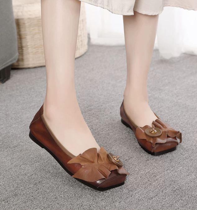 Handmade Leather Flat Shoes for Women Brown