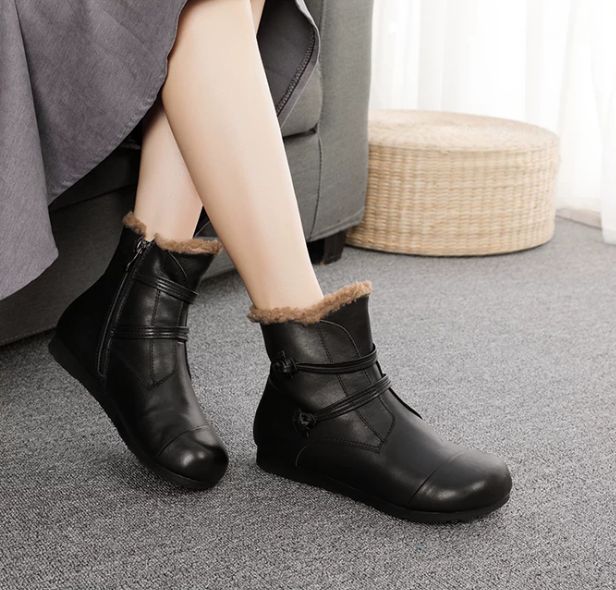 Winter New Style Genuine Leather Women's Boots, Top-grain Cowhide With Fleece Lining,Flat-bottomed Short Boots, Cotton Shoes
