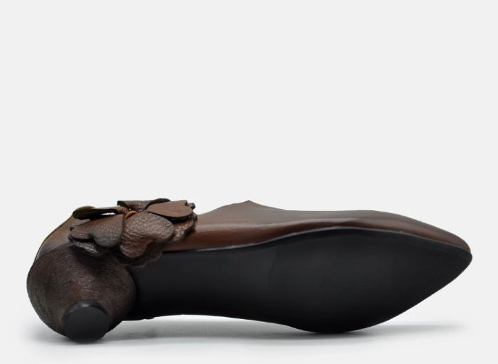 Handmade Leather Flower Shoes for Women in Brown/Black