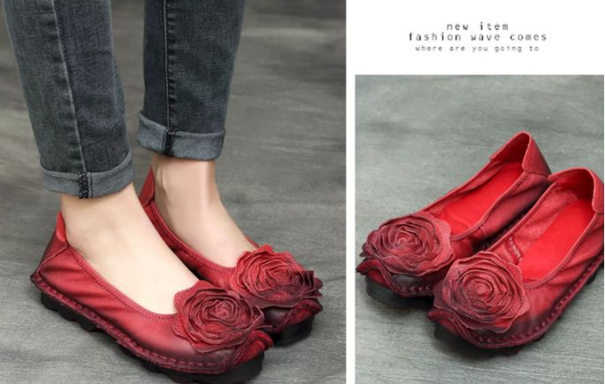 Handmade Vintage Leather Flower Shoes for Women