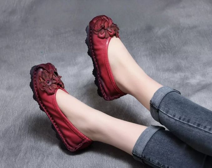 Handmade Vintage Leather Flower Shoes for Women