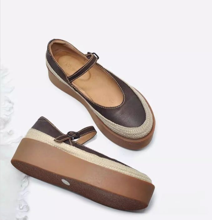 Retro Handmade Shoes Leather Low-Heeled Women's Waterproof Platform Slip-on Shoes with Buckle Thick Sole