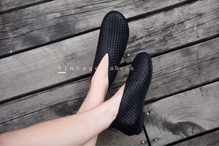 Flat Short Boots, Nude Boots, Hand-Woven Leather Women's Shoes, Genuine Leather Women's Boots