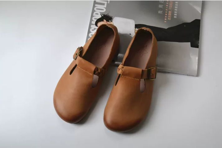 Casual Shoes, Genuine Leather, Flat Sole, Soft Top-Grain Cowhide, Wedge-Shaped Shoes, Women's Daily Versatile,Retro Style