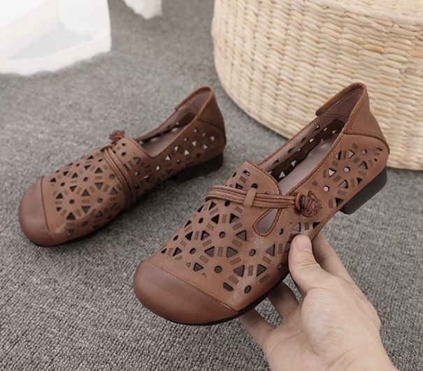 Spring and Summer New Style Genuine Leather Women's Shoes Handmade Retro Hollowed-Out Comfortable and Breathable Hole Shoes Soft Bottom