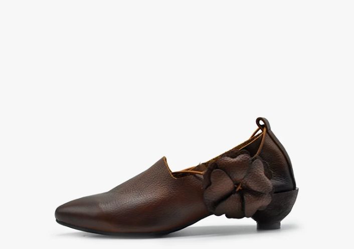 Handmade Leather Flower Shoes for Women in Brown/Black
