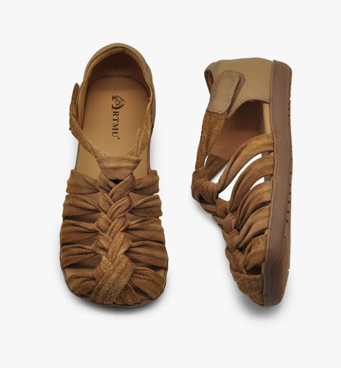 Retro Headband Sandals for Women, Genuine Leather Woven Roman-style Flat Shoes