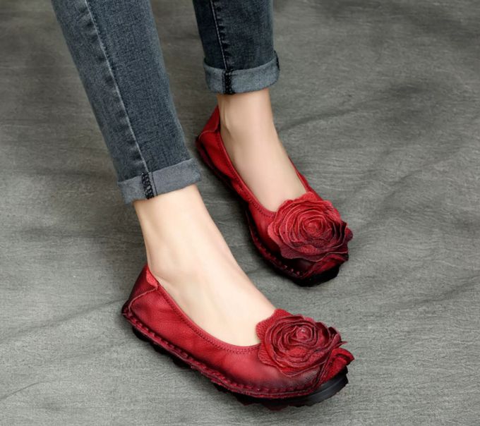 Handmade Vintage Leather Flower Shoes for Women