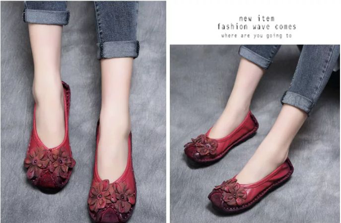 Handmade Vintage Leather Flower Shoes for Women