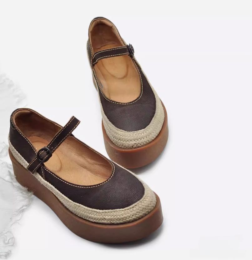 Retro Handmade Shoes Leather Low-Heeled Women's Waterproof Platform Slip-on Shoes with Buckle Thick Sole