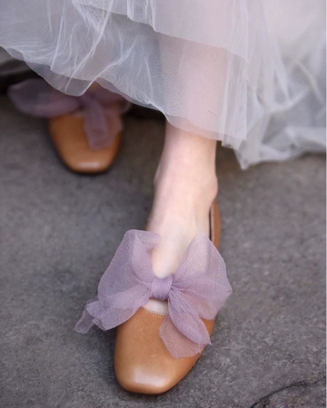Lace-up Flat Shoes Low-cut Square Bow Tie Single Shoes for Women
