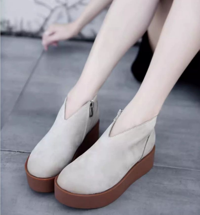 Retro Women's Shoes - New Style Thick-soled Ankle Boots, Women's Waterproof Platform Slip-on Short Boots, Genuine Leather