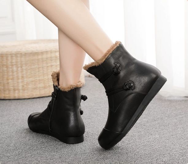 Winter New Style Genuine Leather Women's Boots, Top-grain Cowhide With Fleece Lining,Flat-bottomed Short Boots, Cotton Shoes